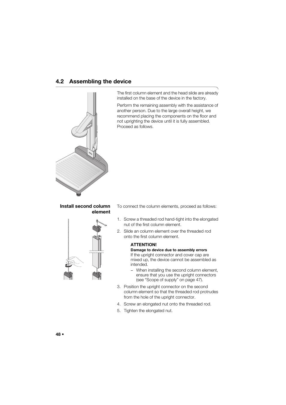 2 assembling the device, Install second column element | Seca 274 band_1 User Manual | Page 48 / 255