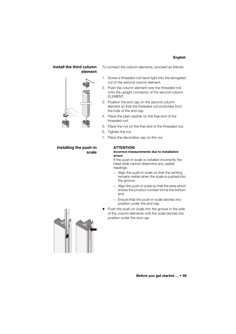 Install the third column element, Installing the push-in scale | Seca 274 band_1 User Manual | Page 49 / 255