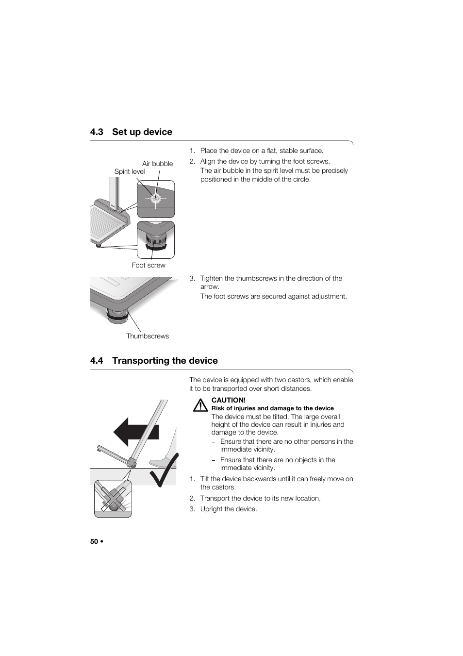 3 set up device, 4 transporting the device | Seca 274 band_1 User Manual | Page 50 / 255