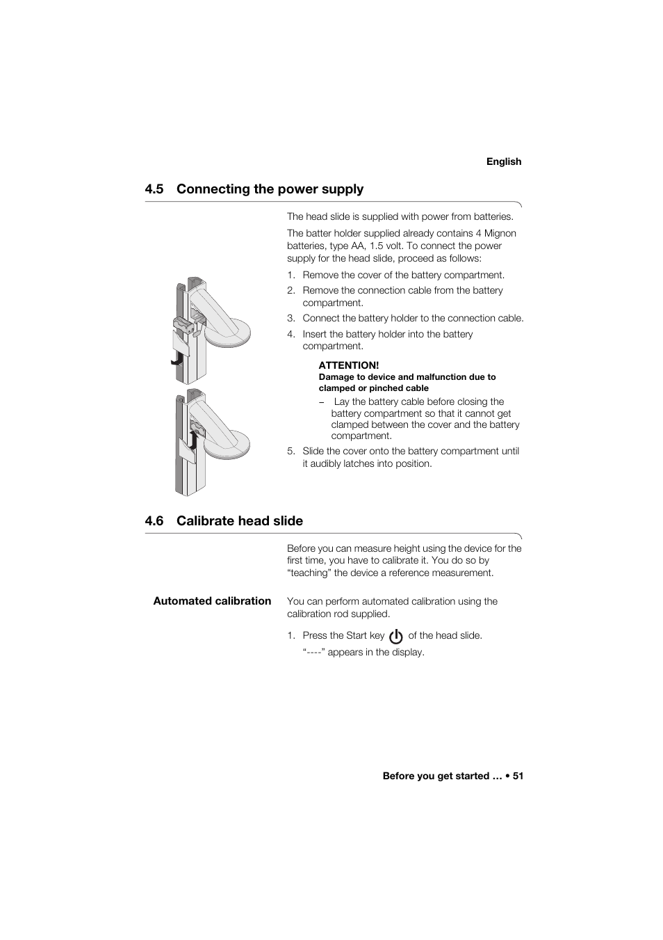 5 connecting the power supply, 6 calibrate head slide, Automated calibration | Seca 274 band_1 User Manual | Page 51 / 255