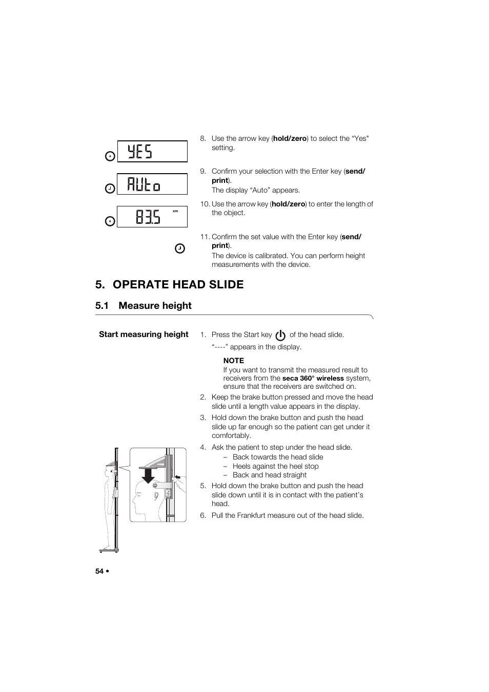 Operate head slide, 1 measure height, Start measuring height | Seca 274 band_1 User Manual | Page 54 / 255