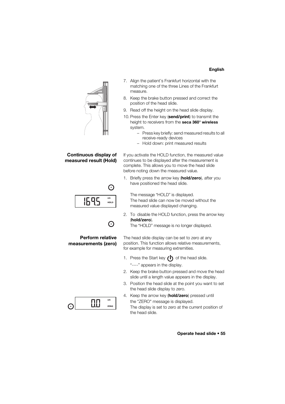 Continuous display of measured result (hold), Perform relative measurements (zero) | Seca 274 band_1 User Manual | Page 55 / 255