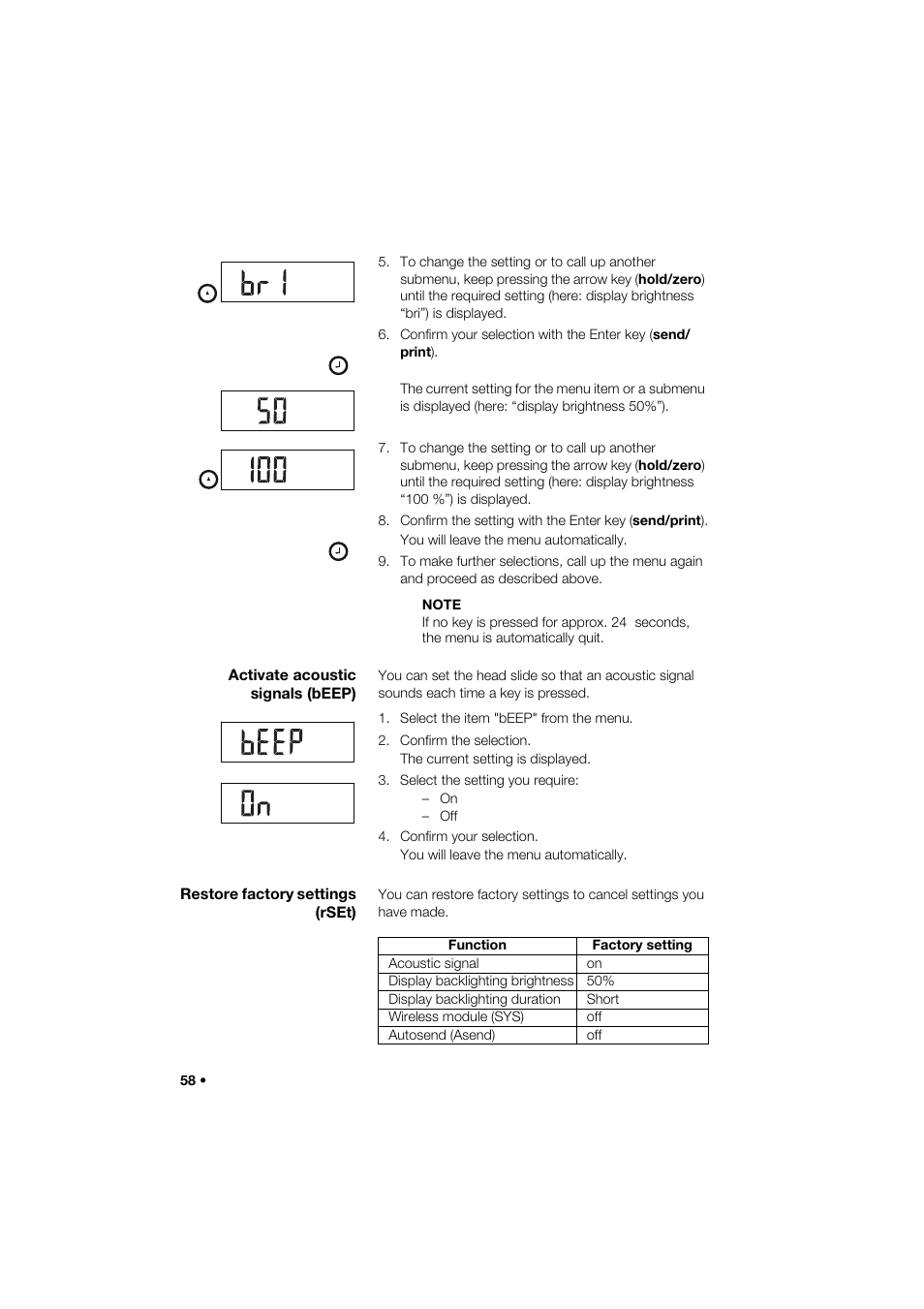 Activate acoustic signals (beep), Restore factory settings (rset) | Seca 274 band_1 User Manual | Page 58 / 255