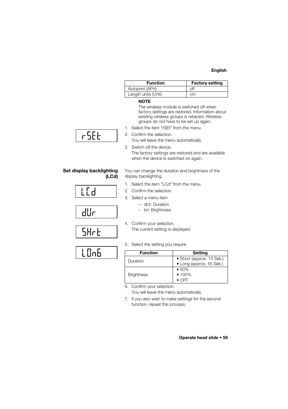 Set display backlighting (lcd) | Seca 274 band_1 User Manual | Page 59 / 255