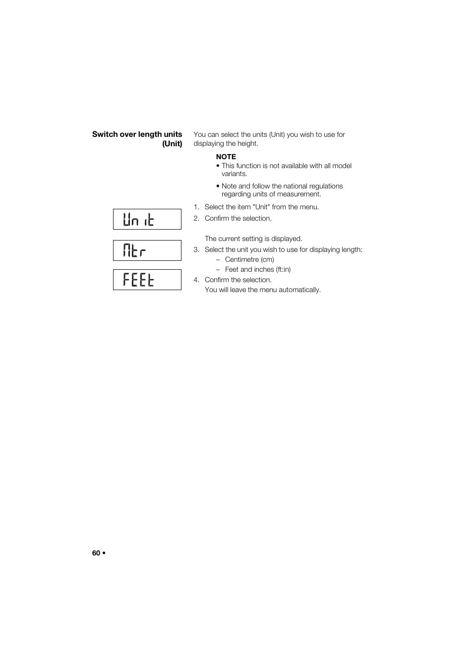 Switch over length units (unit) | Seca 274 band_1 User Manual | Page 60 / 255