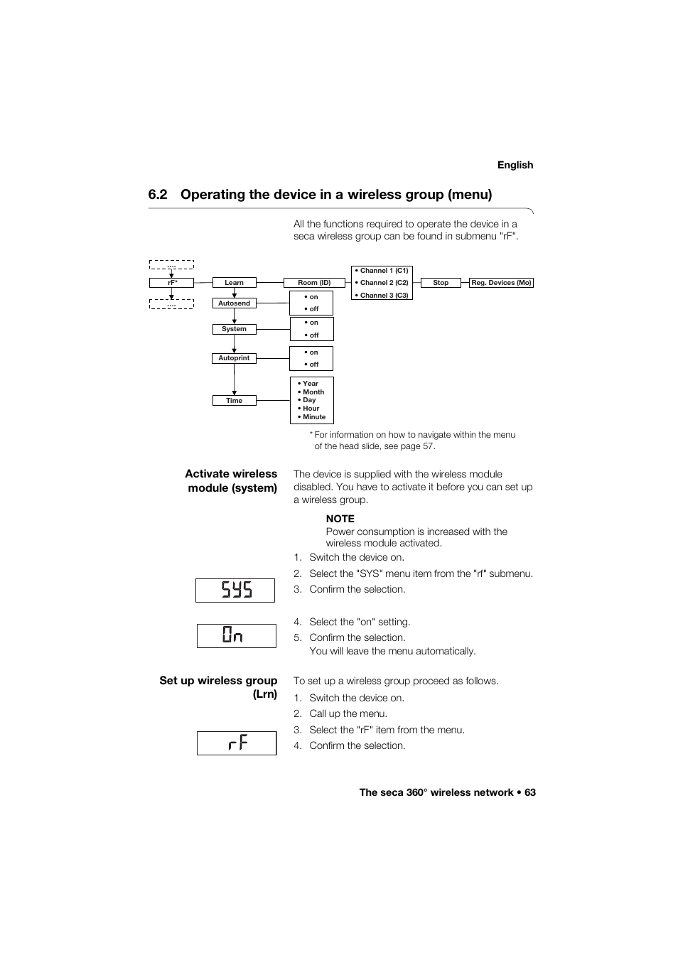 2 operating the device in a wireless group (menu), Activate wireless module (system), Set up wireless group (lrn) | 2 operating the device in a, Wireless group (menu) | Seca 274 band_1 User Manual | Page 63 / 255