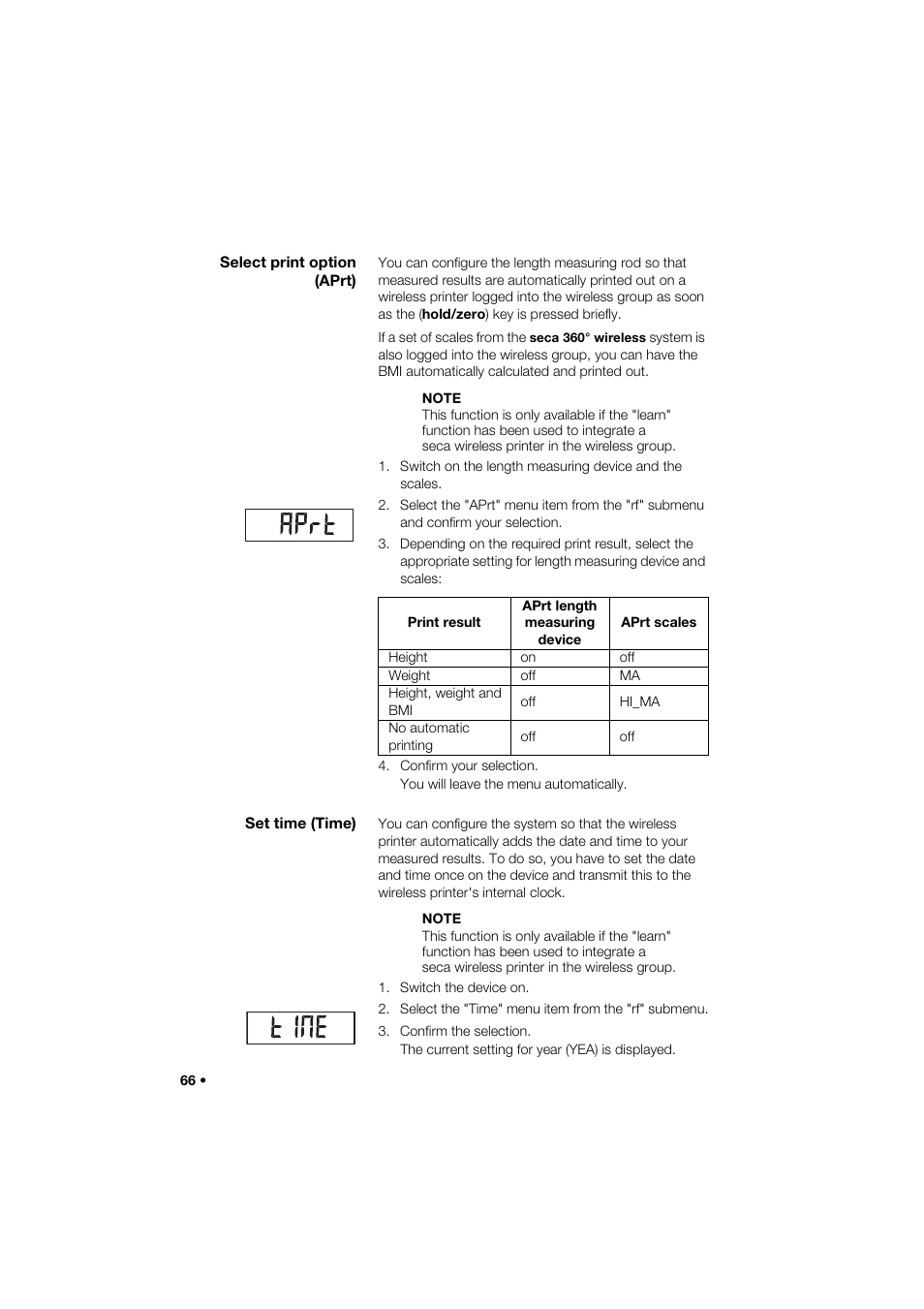 Select print option (aprt), Set time (time) | Seca 274 band_1 User Manual | Page 66 / 255