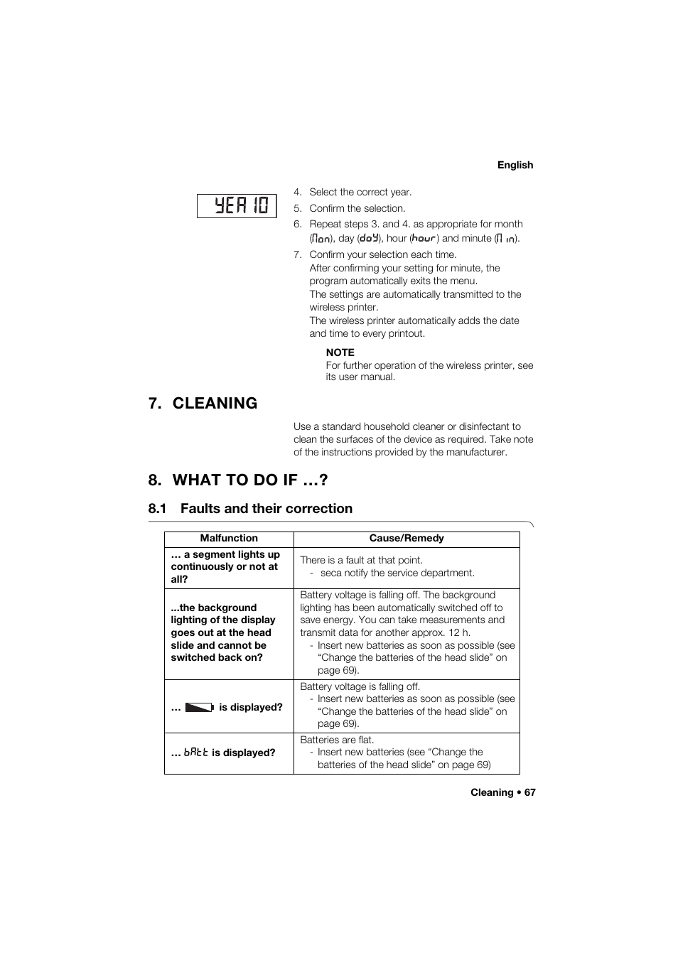 Cleaning, What to do if, 1 faults and their correction | Seca 274 band_1 User Manual | Page 67 / 255