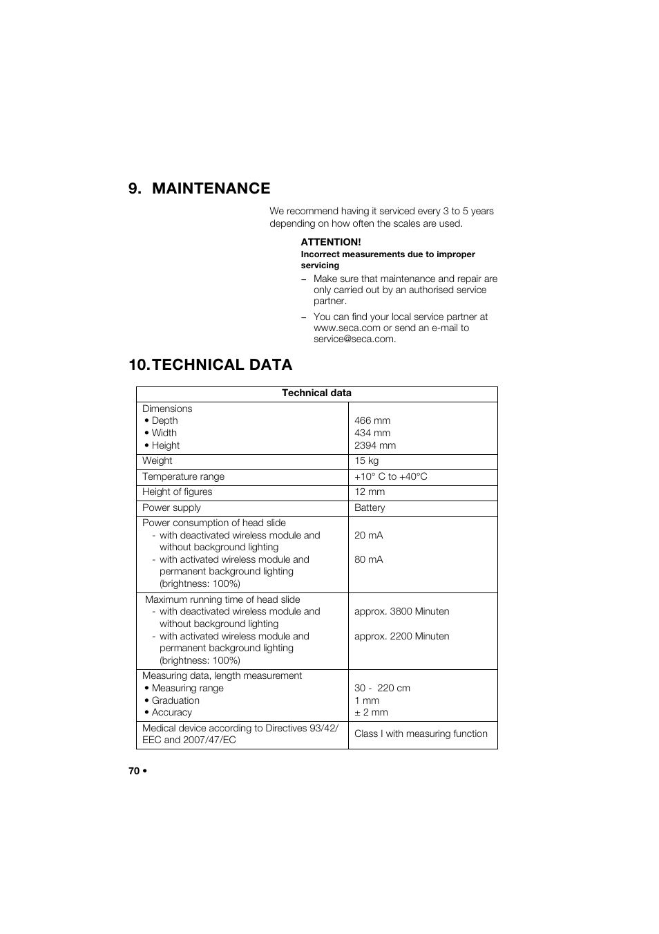 Maintenance, Technical data | Seca 274 band_1 User Manual | Page 70 / 255