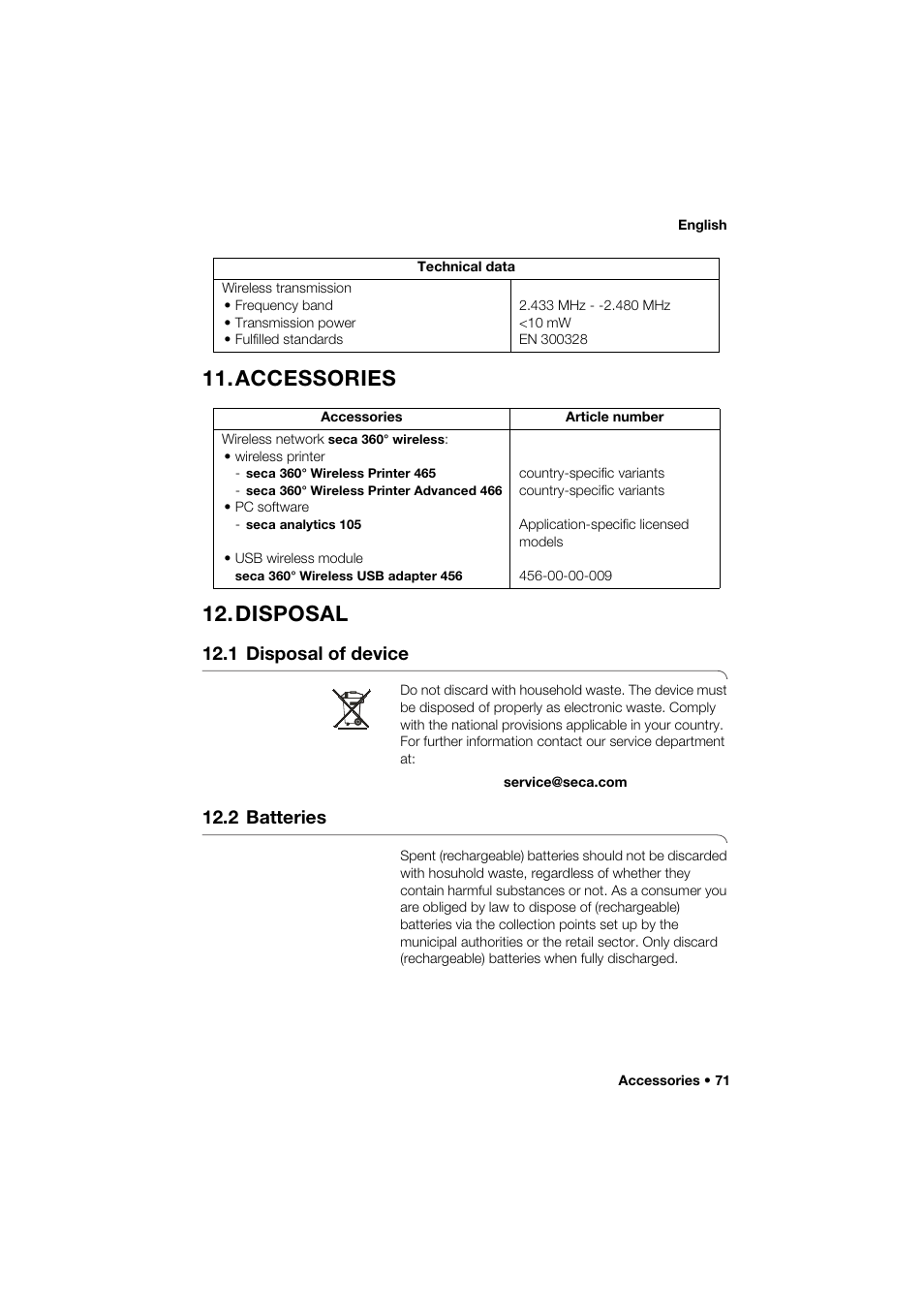 Accessories, Disposal, 1 disposal of device | 2 batteries, Accessories 12. disposal | Seca 274 band_1 User Manual | Page 71 / 255