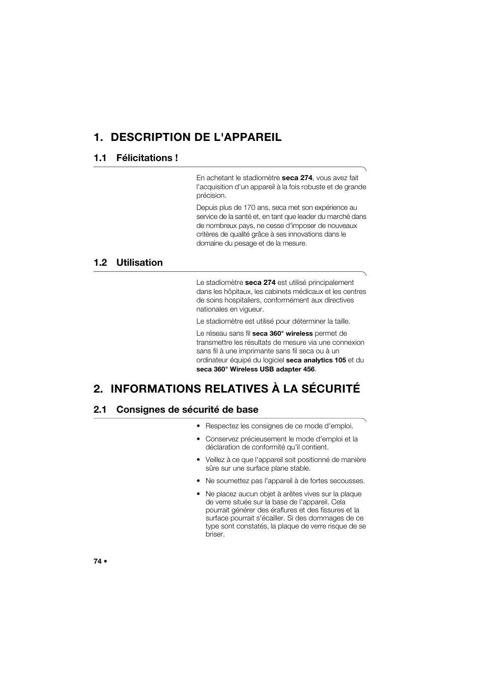 Description de l'appareil, 1 félicitations, 2 utilisation | Informations relatives à la sécurité, 1 consignes de sécurité de base | Seca 274 band_1 User Manual | Page 74 / 255