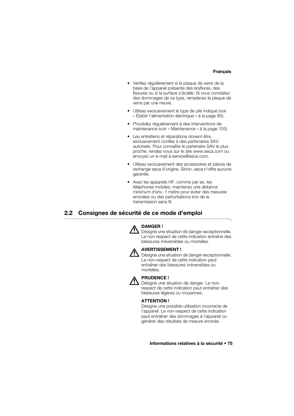 2 consignes de sécurité de ce mode d'emploi | Seca 274 band_1 User Manual | Page 75 / 255