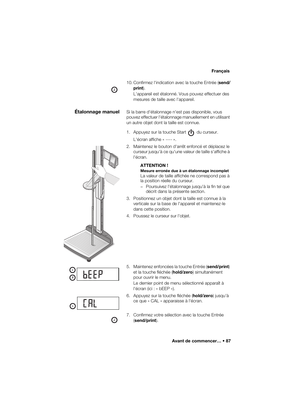 Étalonnage manuel | Seca 274 band_1 User Manual | Page 87 / 255