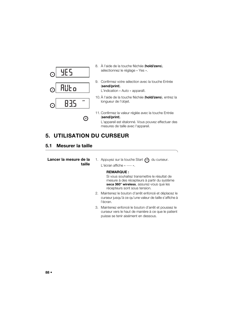 Utilisation du curseur, 1 mesurer la taille, Lancer la mesure de la taille | Seca 274 band_1 User Manual | Page 88 / 255