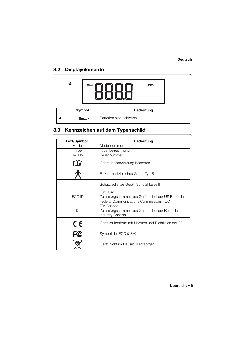 2 displayelemente, 3 kennzeichen auf dem typenschild | Seca 274 band_1 User Manual | Page 9 / 255
