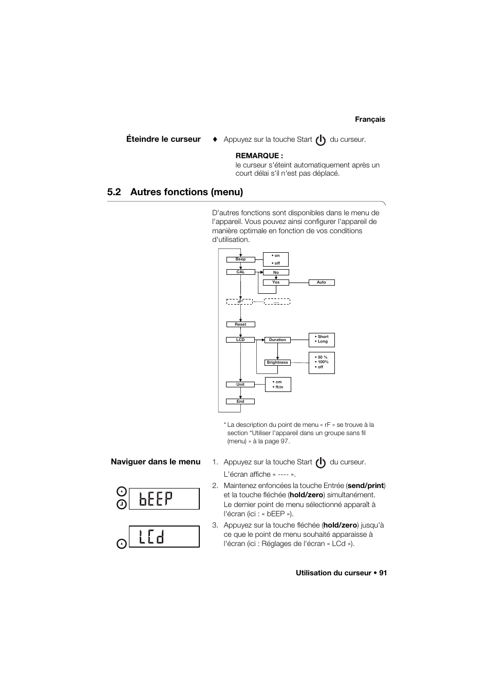 Éteindre le curseur, 2 autres fonctions (menu), Naviguer dans le menu | Utilisation du curseur • 91 français | Seca 274 band_1 User Manual | Page 91 / 255