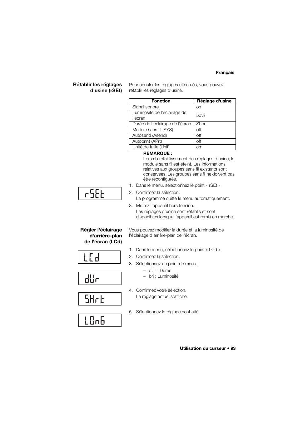 Rétablir les réglages d'usine (rset), Régler l'éclairage d'arrière-plan de l'écran (lcd) | Seca 274 band_1 User Manual | Page 93 / 255
