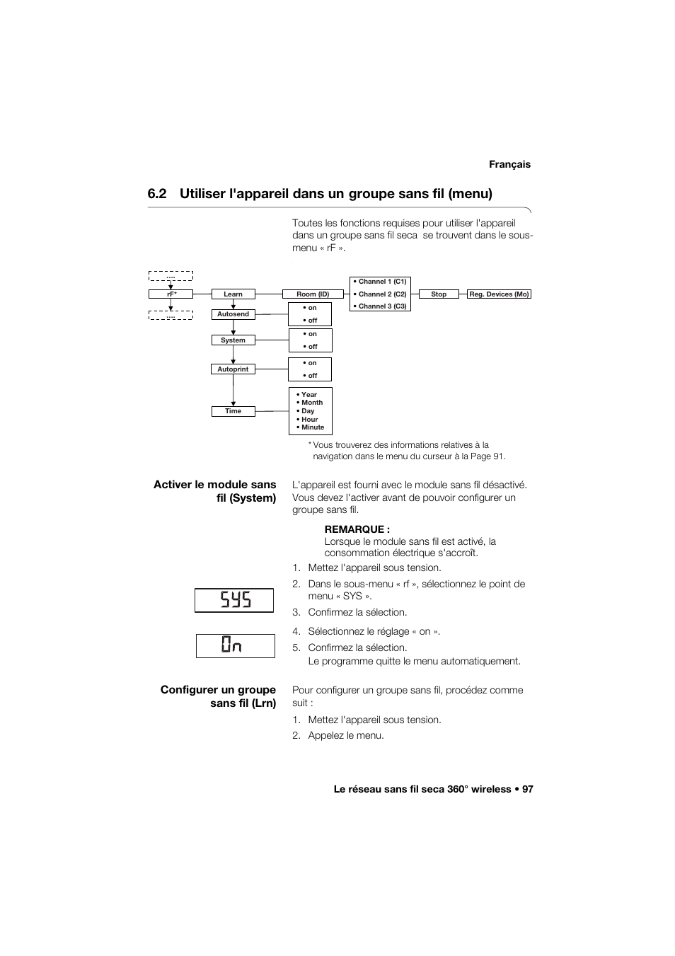 Activer le module sans fil (system), Configurer un groupe sans fil (lrn), 2 utiliser l'appareil dans un | Groupe sans fil (menu) | Seca 274 band_1 User Manual | Page 97 / 255