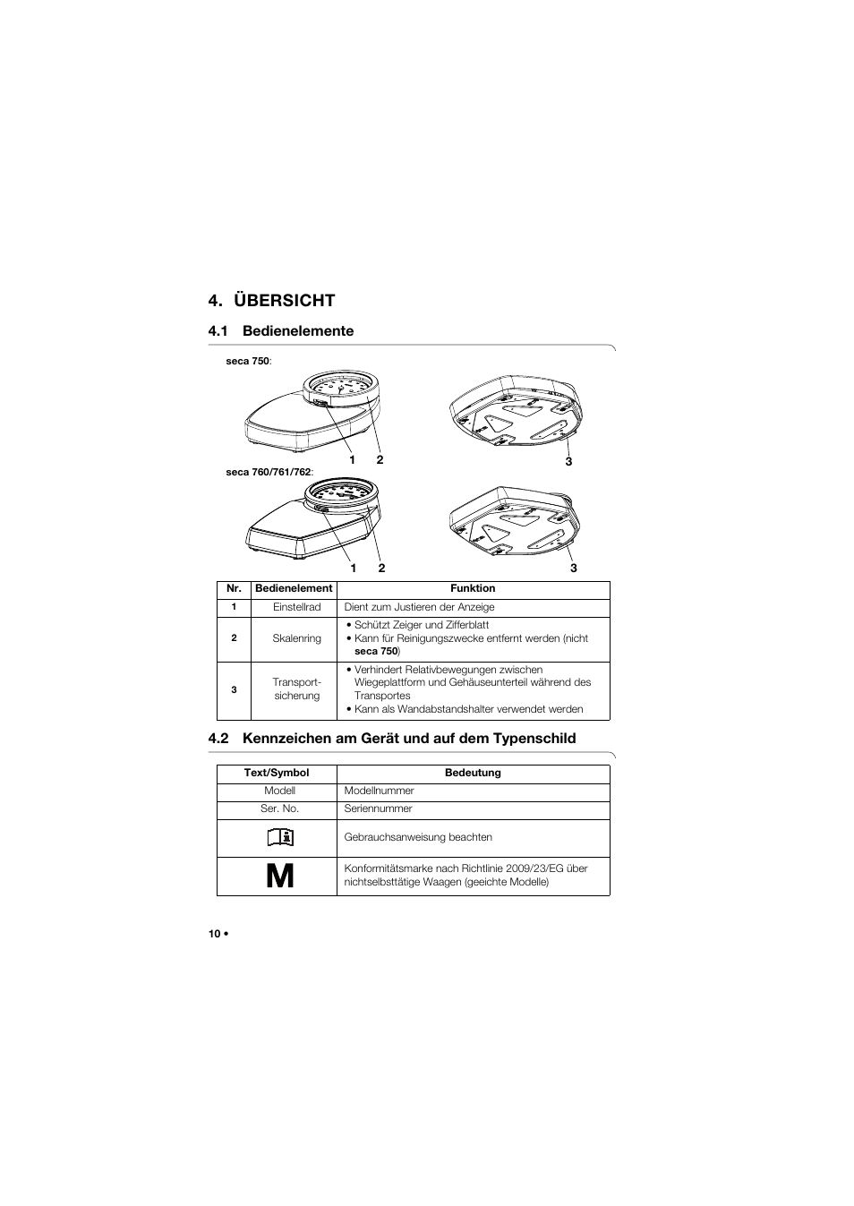 Übersicht, 1 bedienelemente, 2 kennzeichen am gerät und auf dem typenschild | Seca 762 User Manual | Page 10 / 156