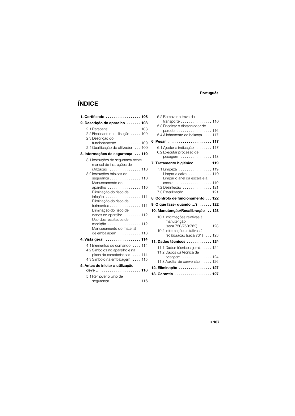 Português, Índice | Seca 762 User Manual | Page 107 / 156