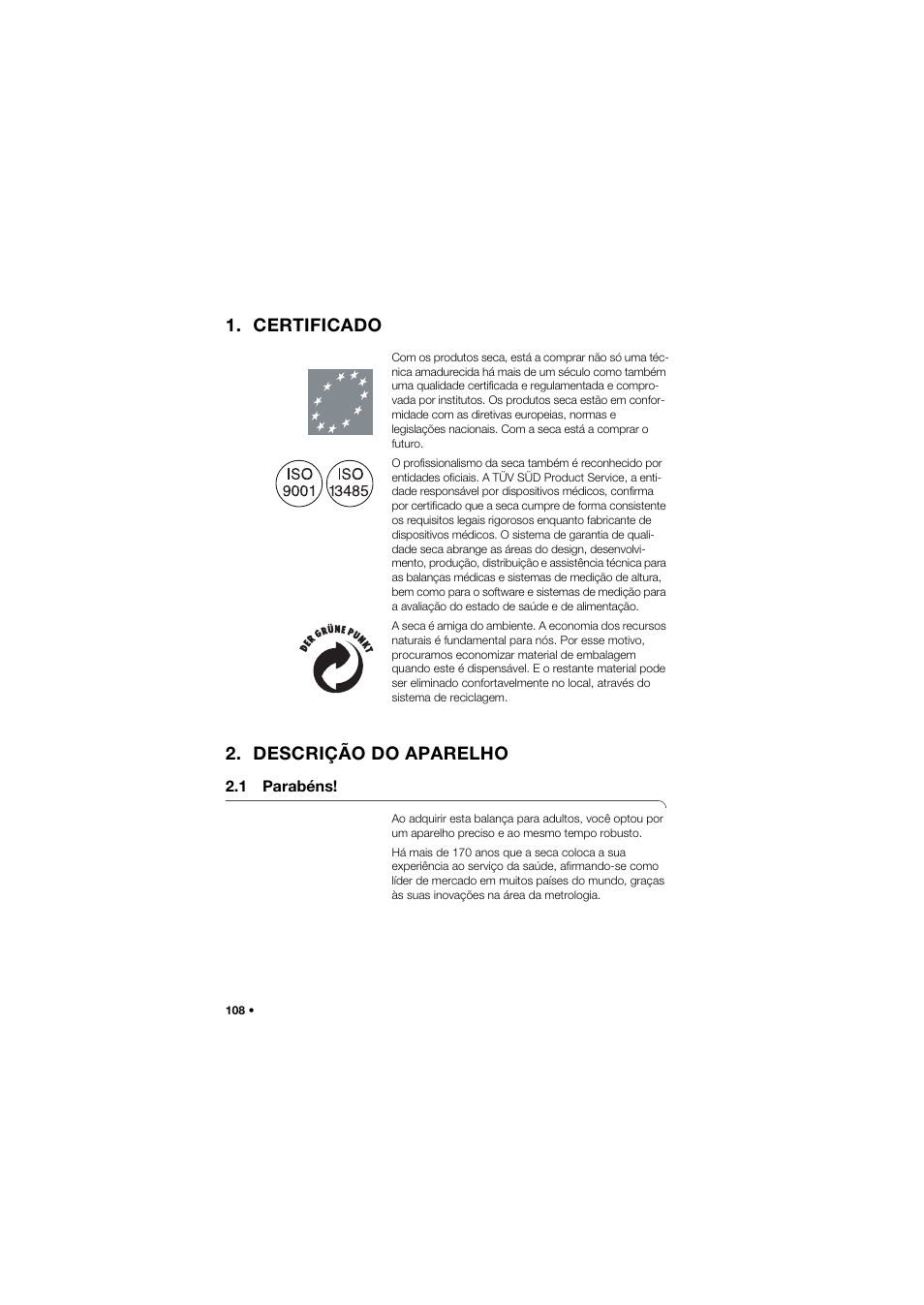 Certificado, Descrição do aparelho, 1 parabéns | Seca 762 User Manual | Page 108 / 156