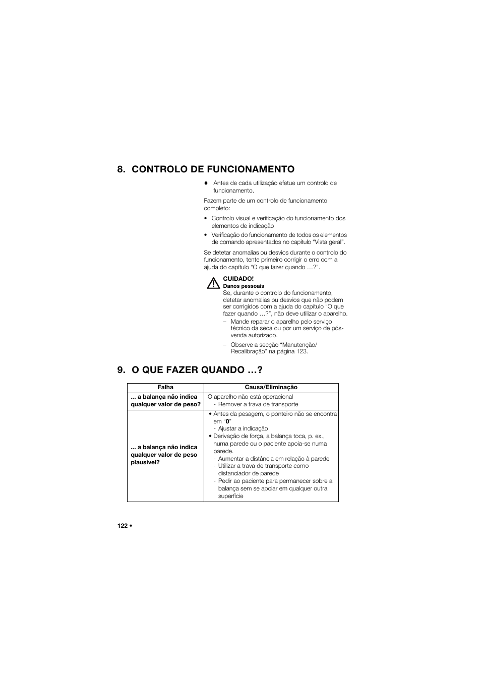 Controlo de funcionamento, O que fazer quando | Seca 762 User Manual | Page 122 / 156