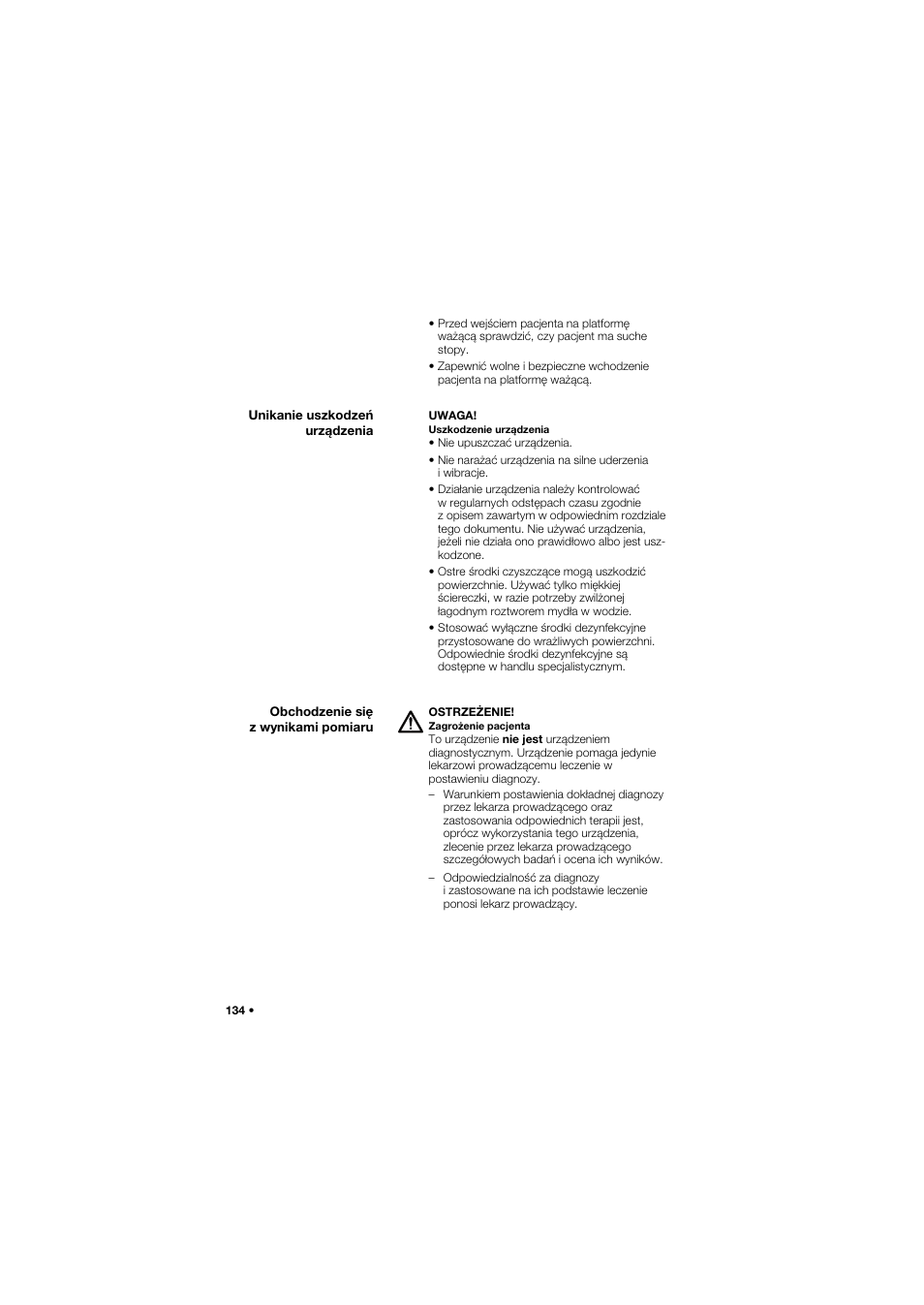 Unikanie uszkodzeń urządzenia, Obchodzenie się z wynikami pomiaru | Seca 762 User Manual | Page 134 / 156