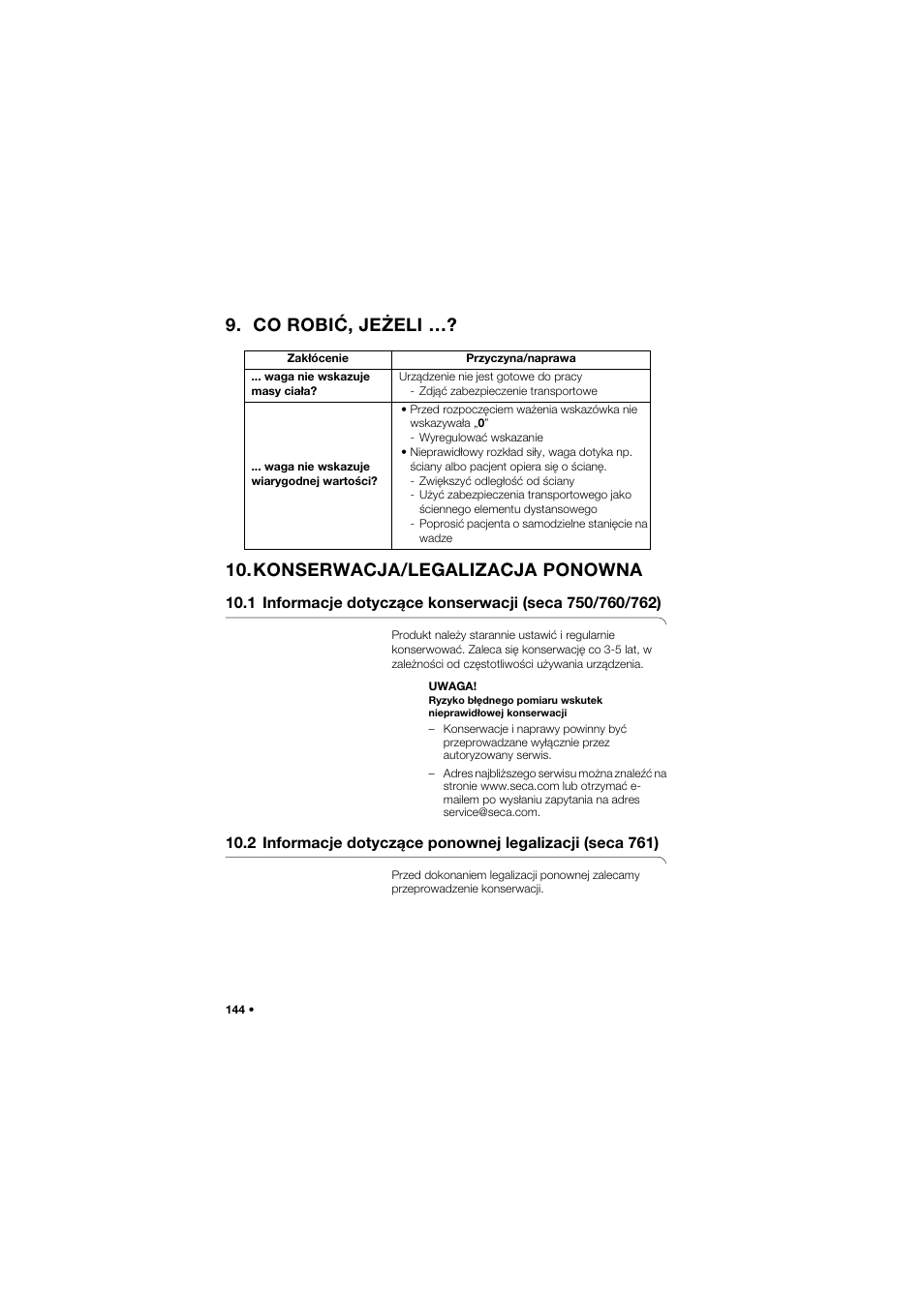 Co robić, jeżeli, Konserwacja/legalizacja ponowna | Seca 762 User Manual | Page 144 / 156
