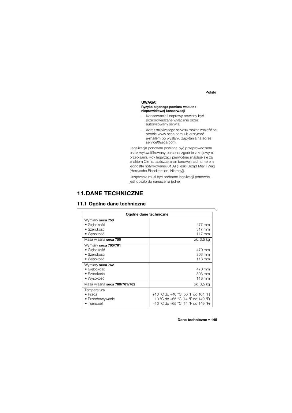 Dane techniczne, 1 ogólne dane techniczne | Seca 762 User Manual | Page 145 / 156