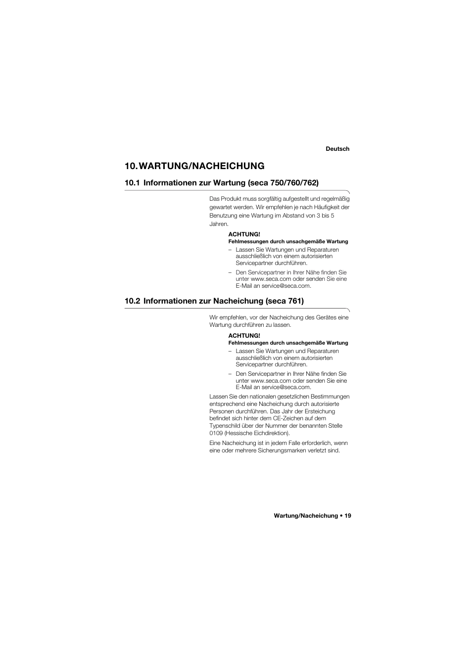 Wartung/nacheichung, 1 informationen zur wartung (seca 750/760/762), 2 informationen zur nacheichung (seca 761) | Seca 762 User Manual | Page 19 / 156