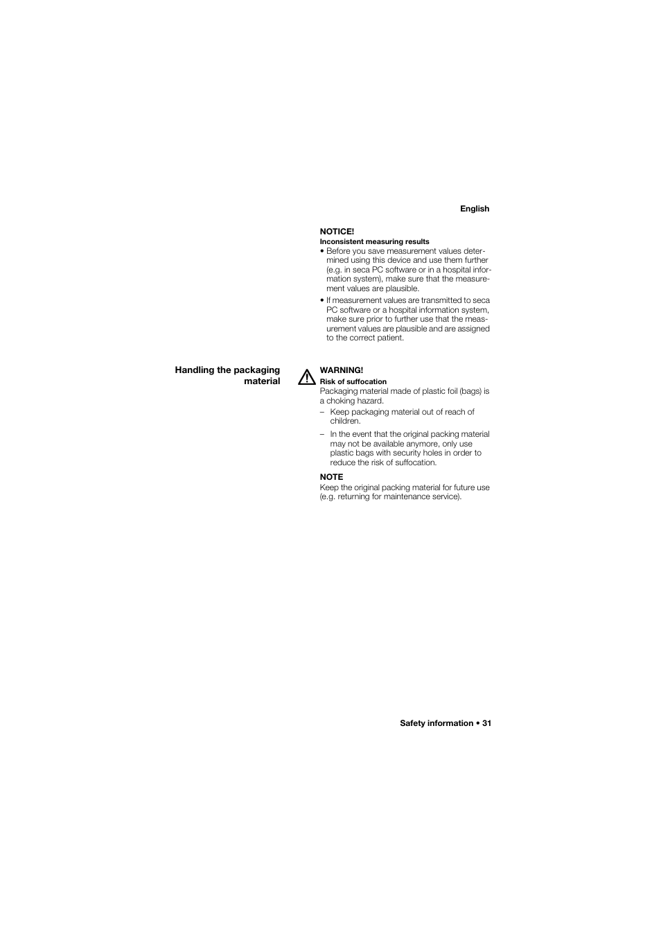 Handling the packaging material | Seca 762 User Manual | Page 31 / 156
