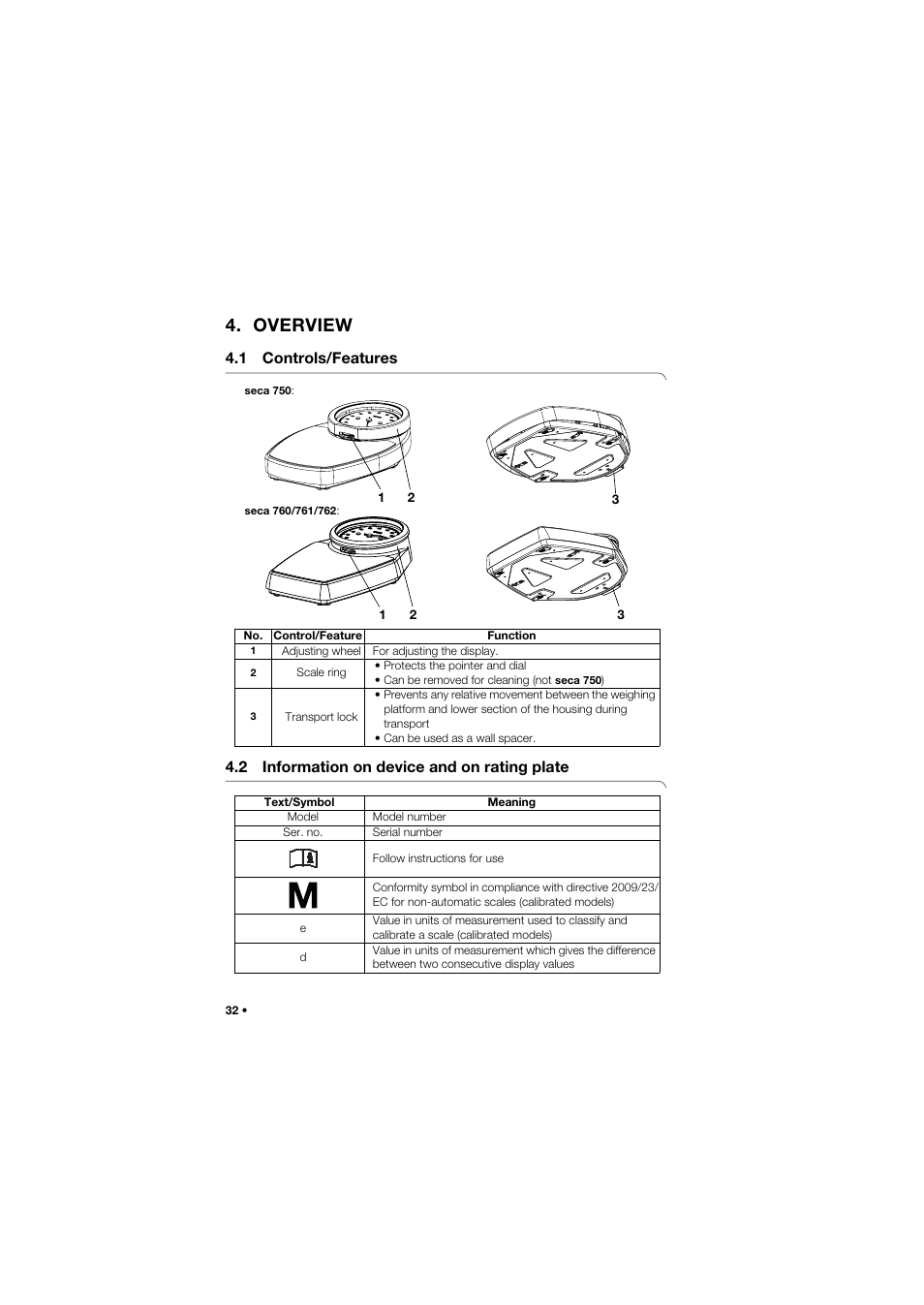 Overview, 1 controls/features, 2 information on device and on rating plate | Seca 762 User Manual | Page 32 / 156