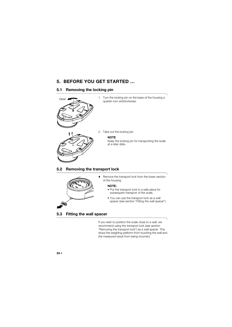 Before you get started, 1 removing the locking pin, 2 removing the transport lock | 3 fitting the wall spacer | Seca 762 User Manual | Page 34 / 156