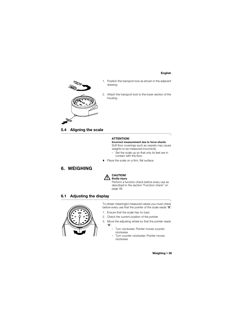 4 aligning the scale, Weighing, 1 adjusting the display | Seca 762 User Manual | Page 35 / 156
