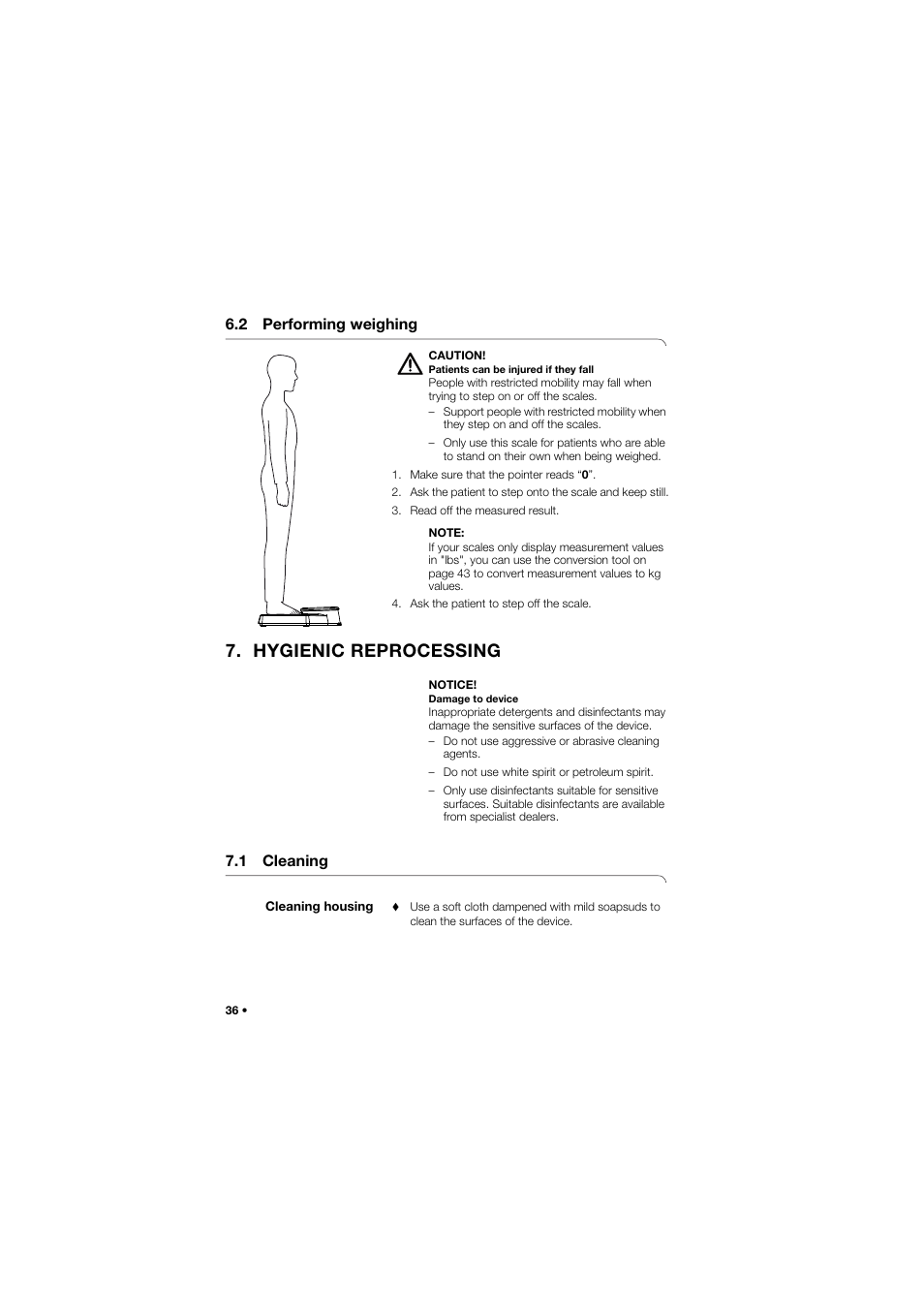 2 performing weighing, Hygienic reprocessing, 1 cleaning | Cleaning housing | Seca 762 User Manual | Page 36 / 156