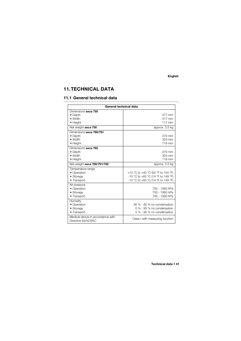 Technical data, 1 general technical data | Seca 762 User Manual | Page 41 / 156