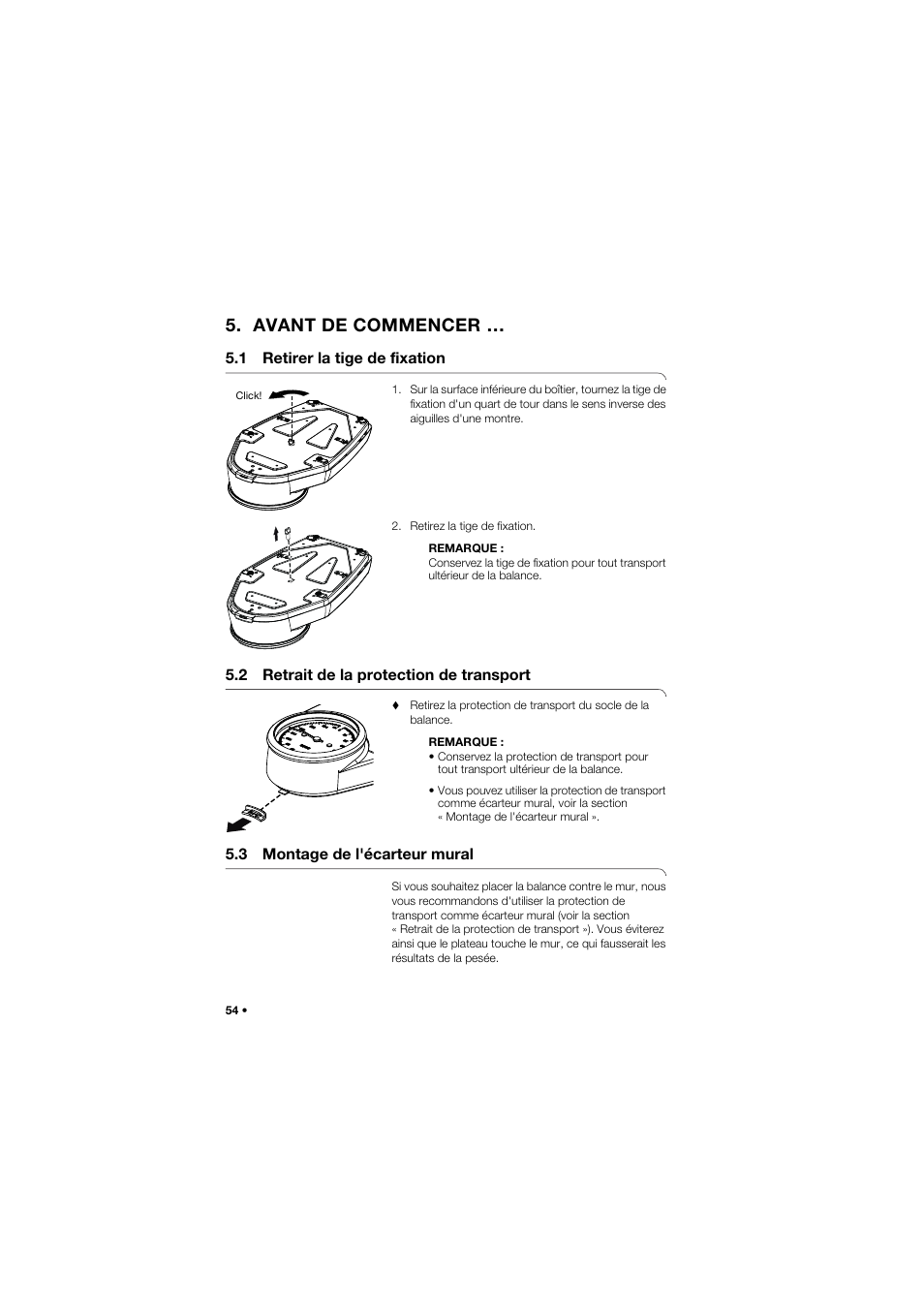 Avant de commencer, 1 retirer la tige de fixation, 2 retrait de la protection de transport | 3 montage de l'écarteur mural | Seca 762 User Manual | Page 54 / 156