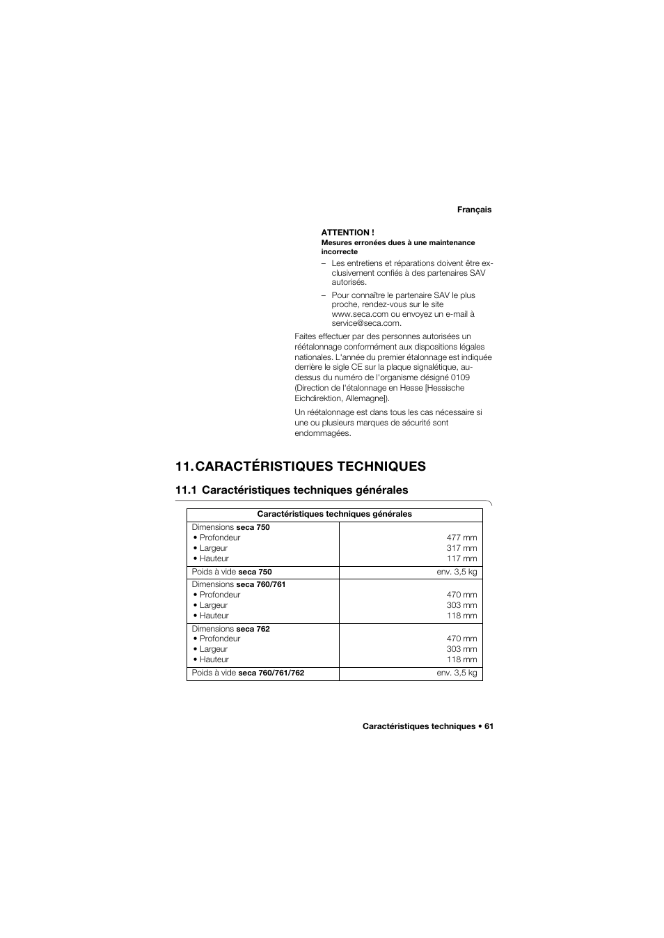 Caractéristiques techniques, 1 caractéristiques techniques générales | Seca 762 User Manual | Page 61 / 156