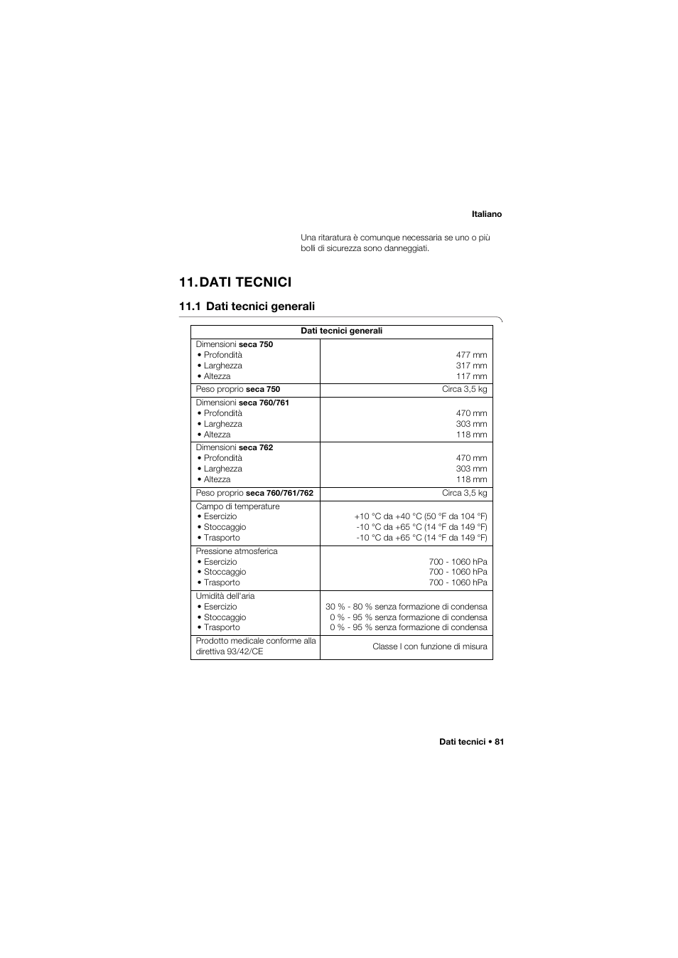 Dati tecnici, 1 dati tecnici generali | Seca 762 User Manual | Page 81 / 156