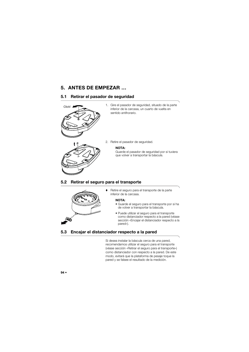 Antes de empezar, 1 retirar el pasador de seguridad, 2 retirar el seguro para el transporte | 3 encajar el distanciador respecto a la pared | Seca 762 User Manual | Page 94 / 156