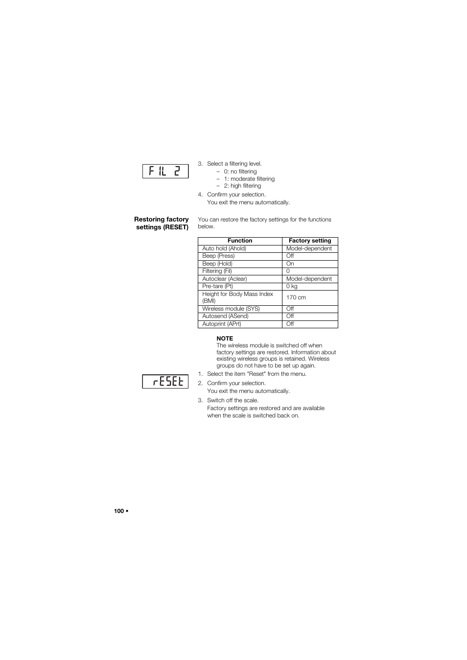 Restoring factory settings (reset) | Seca 645 band_1 User Manual | Page 100 / 417