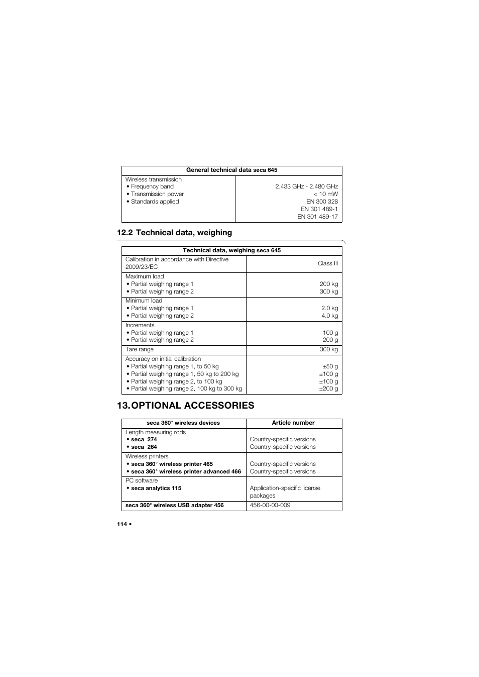 2 technical data, weighing, Optional accessories | Seca 645 band_1 User Manual | Page 114 / 417
