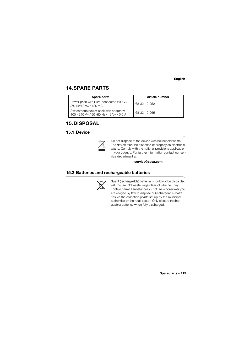 Spare parts, Disposal, 1 device | 2 batteries and rechargeable batteries, Spare parts 15.disposal | Seca 645 band_1 User Manual | Page 115 / 417