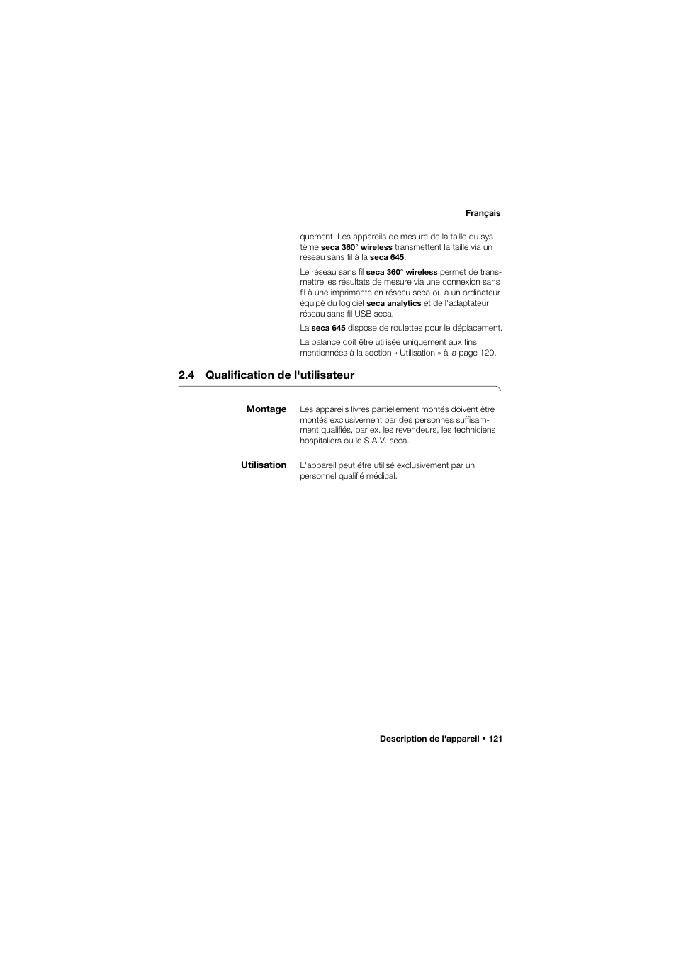 4 qualification de l'utilisateur, Montage, Utilisation | Seca 645 band_1 User Manual | Page 121 / 417