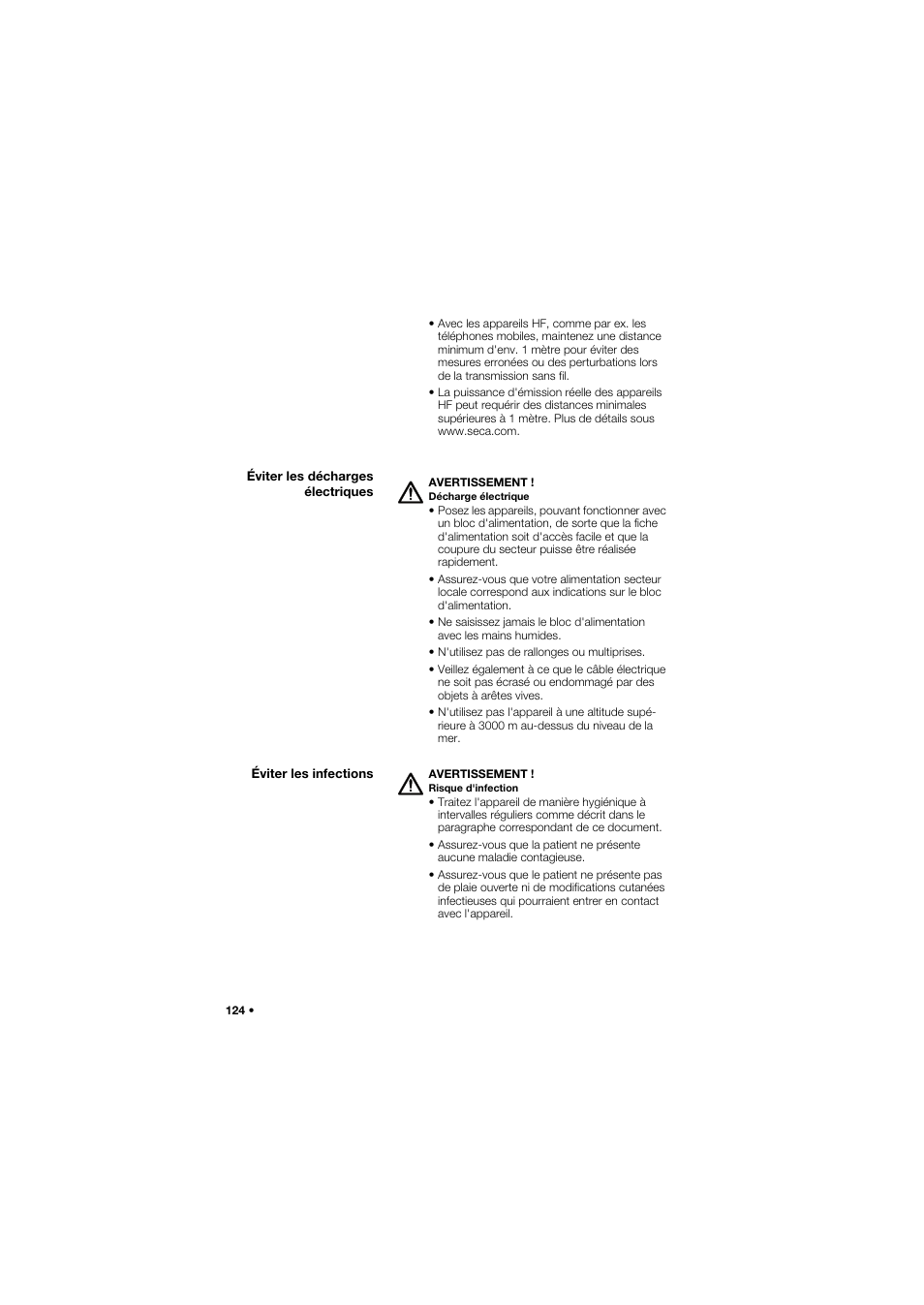 Éviter les décharges électriques, Éviter les infections | Seca 645 band_1 User Manual | Page 124 / 417
