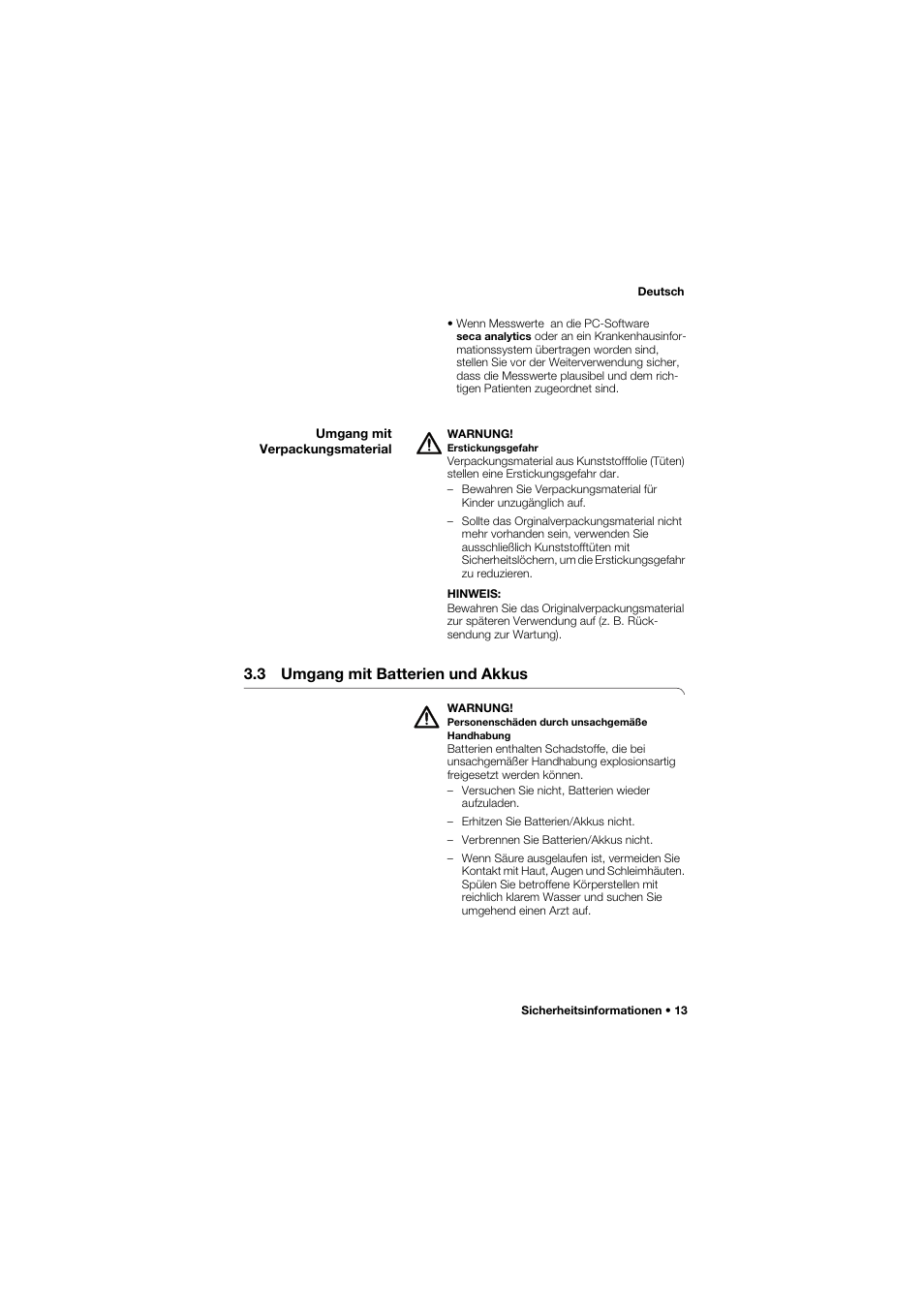 Umgang mit verpackungsmaterial, 3 umgang mit batterien und akkus | Seca 645 band_1 User Manual | Page 13 / 417