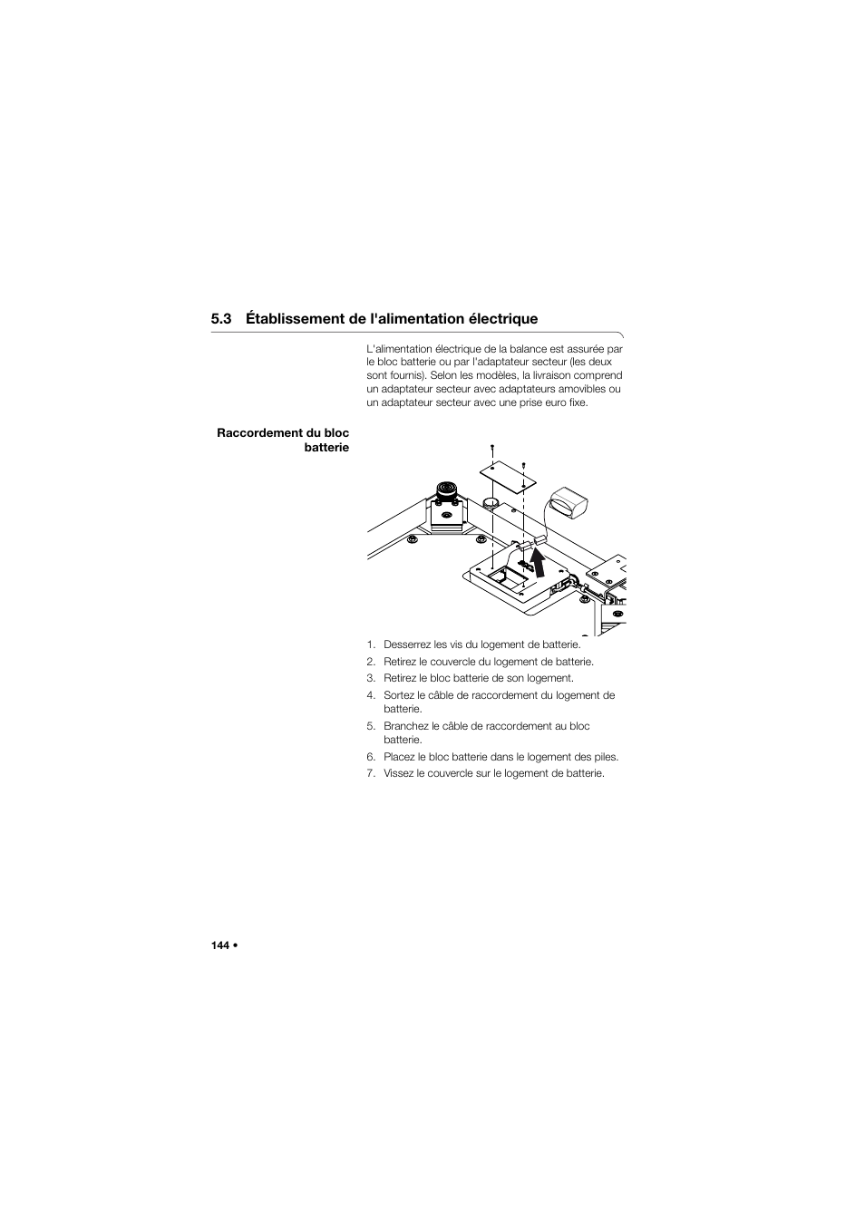 3 établissement de l'alimentation électrique, Raccordement du bloc batterie | Seca 645 band_1 User Manual | Page 144 / 417
