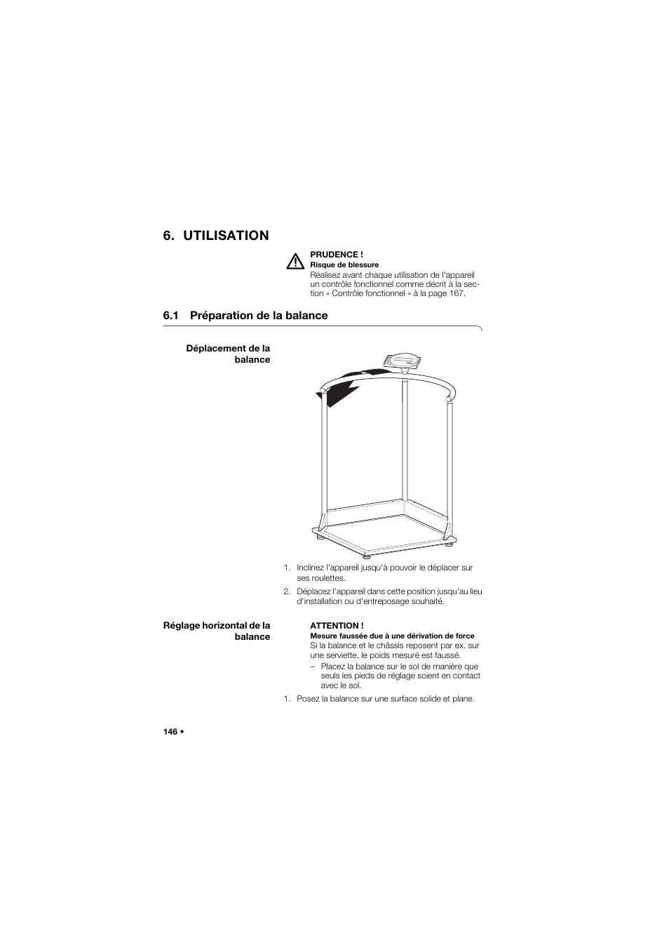 Utilisation, 1 préparation de la balance, Déplacement de la balance | Réglage horizontal de la balance | Seca 645 band_1 User Manual | Page 146 / 417