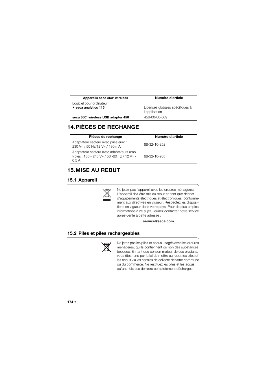 Pièces de rechange, Mise au rebut, 1 appareil | 2 piles et piles rechargeables, Pièces de rechange 15.mise au rebut | Seca 645 band_1 User Manual | Page 174 / 417