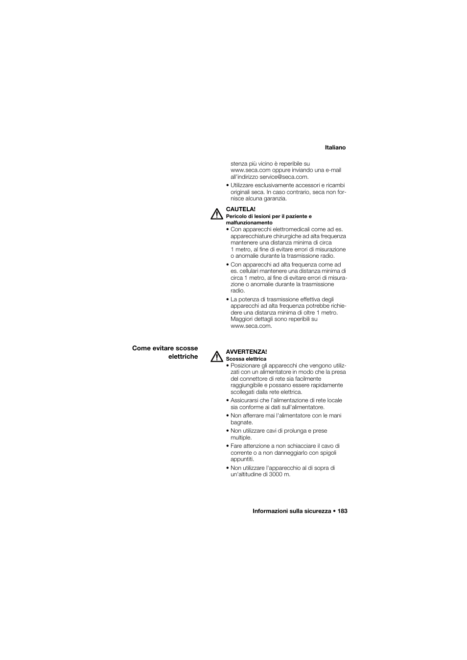 Come evitare scosse elettriche | Seca 645 band_1 User Manual | Page 183 / 417